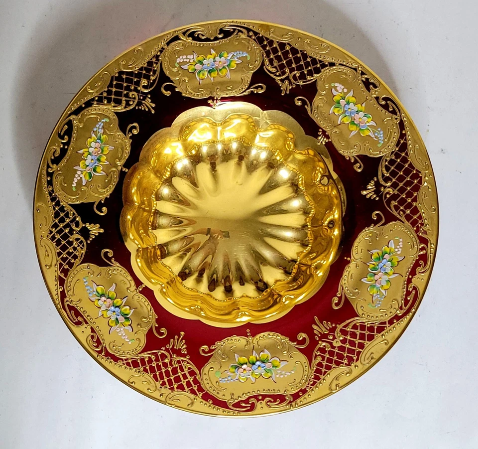 Stunning Tre Fuochi Venetian Murano Glass Enameled & Gold Gilt Rim Bowl Plate - Image 3 of 4