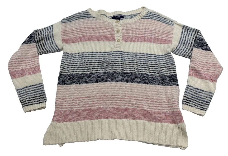 Suéter Henley de Lino Chaps para Mujer Rayas Rosa Azul Crema Pequeño Lino Algodón Foto 4 de 4