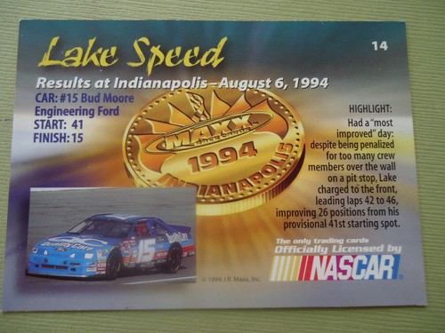 Lake Speed - Tarjeta de carreras de autos autografiada Maxx 1994 # 14 - Conductor - Ford - Imagen 2 de 2