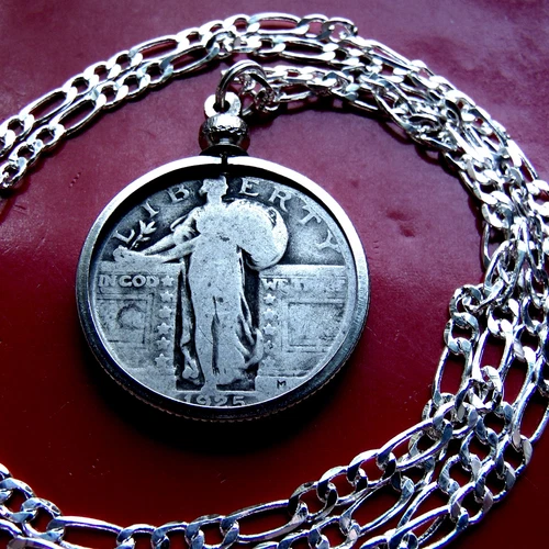 1920's Silver US Standing Liberty Quarter w/ 22" 925 Sterling Silver Chain