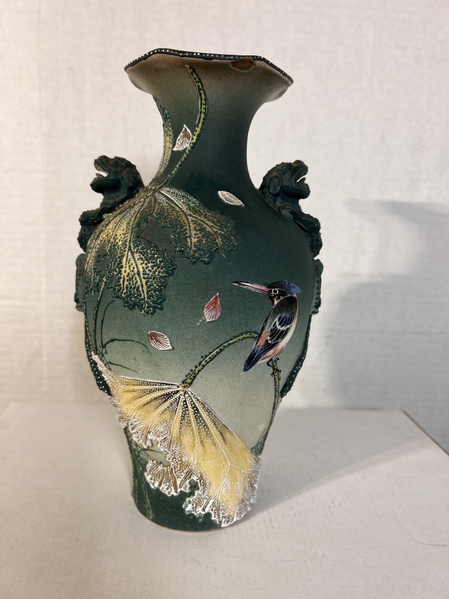 Japanese Moriage Hand-Painted Porcelain Vase dragon handles bird