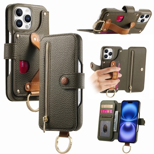 For iPhone 16 Pro Max 15 14 13 12 11 Zipper Card Wristband Stand Magnetic Case - Picture 12 of 82