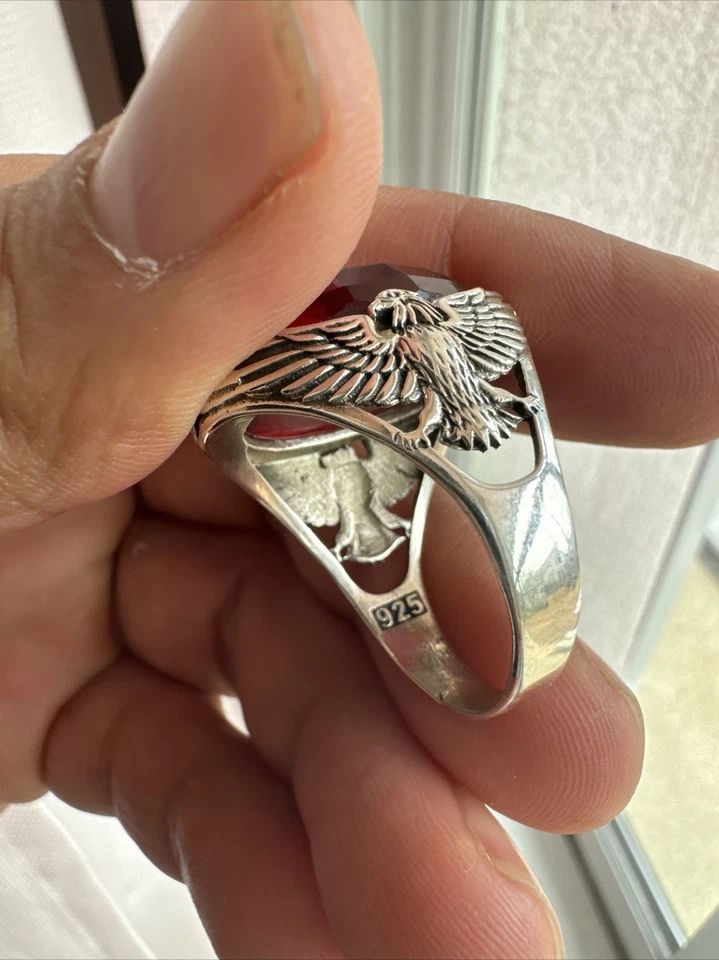 Eagle Ruby Stone Jewelry Turkish Handmade .925 Sterling Silver Men's Ring Sz 15 - Image 4 of 4