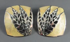 Vintage EDGAR BEREBI EARRINGS Cream Shimmer Enamel SILVER CUT OUT LEAVES FROND