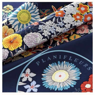 Hermes Scarf Planifleurs 90 cm silk navy blue Carre flower 35