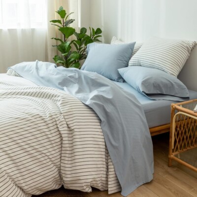 Moomee Bedding Sheet Set 100% Cotton Linen Textured Breathable Durable Soft Blue