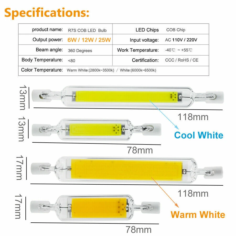 10x Dimmable R7s LED COB Flood Light Bulb 78mm 118mm 12W 25W 220V 240V Lamps RH - Image 3 of 4