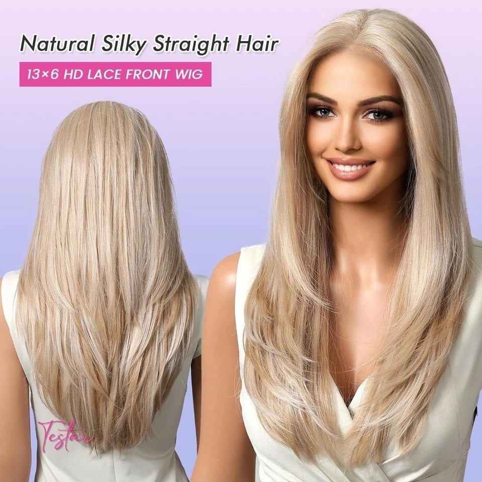 Long Platinum Blonde Wig HD Front Lace Human Hair Blend Highlights Straight - Image 4 of 4