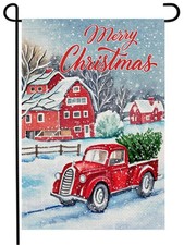 Christmas Garden Flag 12x18"   Double Sided Burlap Red Truck Design NEW