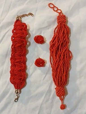 Lot Red Seed Bead Jewelry 2 Multistrand Bracelets, 1 Pair Earrings