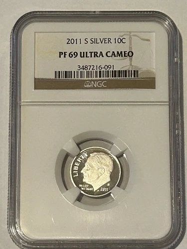 2011 S Silver Roosevelt Dime ,10c , PF 69 Ultra Cameo, Flag Label      @
