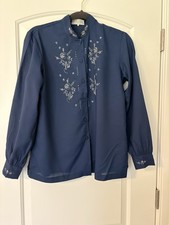 VTG Lily Brand Navy Blue Floral Embroidered Long Sleeve Blouse Size 38
