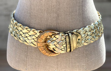 VTG Braided Wide Statement Cinch Belt XS Gold Metallic Weaved Leather Boho 80s