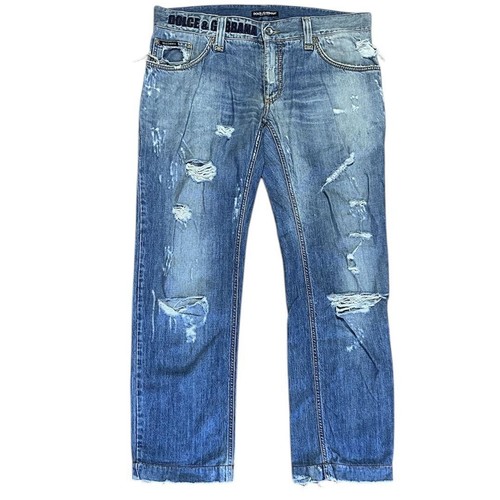 Dolce & Gabbana Men Destroy Denim Peace Mark Crash Denim Pants 52 Indigo Blue