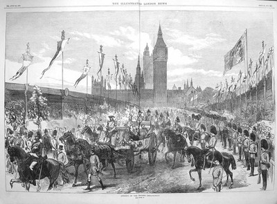 Original alter antiker Druck 1870 Szene Eröffnung Themse Ufer London Queen 0