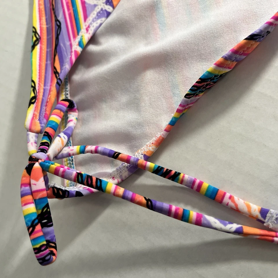 OP Peace Sign Print Bikini Bottom Only Neon Rainbow Boho Festival Style - Image 4 of 4