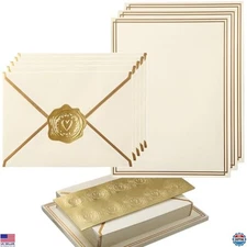 50 Pack Cream Stationery Set, Gold Border A6 Envelopes, 6x8 Paper & Stickers