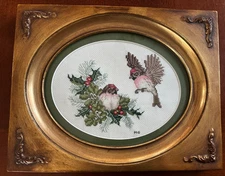 Needlepoint Art Gold Framed Birds Pine Branches Christmas Holly Embroidery 13.5
