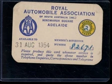 1954 Royal Automobile Association Membership Card, Adelaide Australia