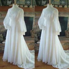 Vintage Chiffon Wedding Dresses High Neck Long Sleeves White Ivory Bridal Gowns