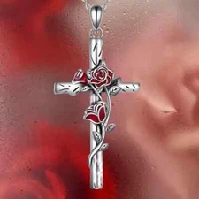 Cute Red Rose Cross Pendant Necklace