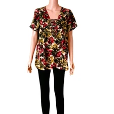 Pleione Floral Pleated Top M Short Sleeve Keyhole Back Blouse