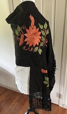 Vintage Hand Embroidered Black Wool Piano Scarf With Fringe