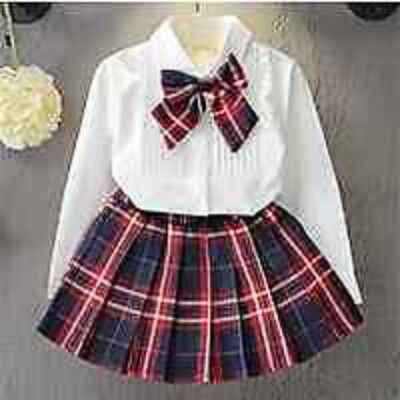 Princess Dresses Class Uniforms Kids Girls Bow T-shirt+Plaid Dress Clothing 2pcs