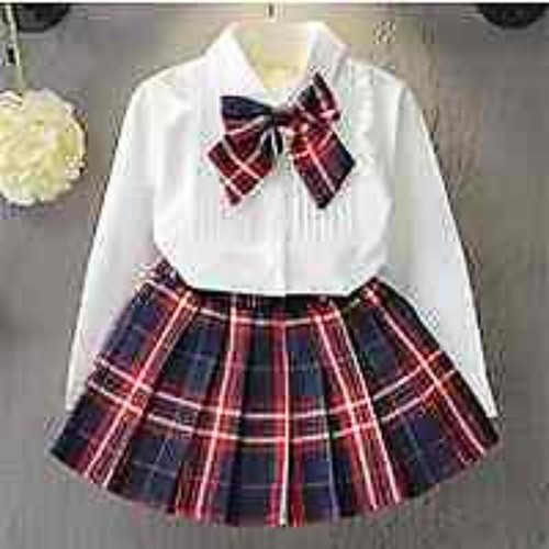 Princess Dresses Class Uniforms Kids Girls Bow T-shirt+Plaid Dress Clothing 2pcs