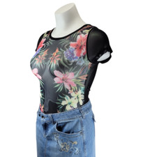 Persaya Bodysuit Womens XL Black Tropical Flowers Semi Sheer Stretch Slim Summer