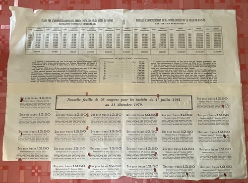 EINHEITLICHER SCHULDENTITEL 5% DER STADT NEAPEL MIT GUTSCHEINEN JAHR 1937 - Bild 7 von 7