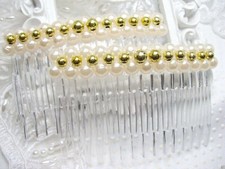 Vintage 1990's Ivory Color Simulated Pearls  Gold tone beads Hair Comb Pair