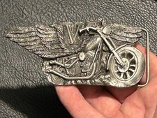 1986 WINGED CHOPPER "V" MOTORCYCLE BELT BUCKLE, pewter, C J, inc. USA