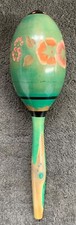Vintage Hand Painted Maraca Carved Flower Red, Pink Flowers Green Wood Handle