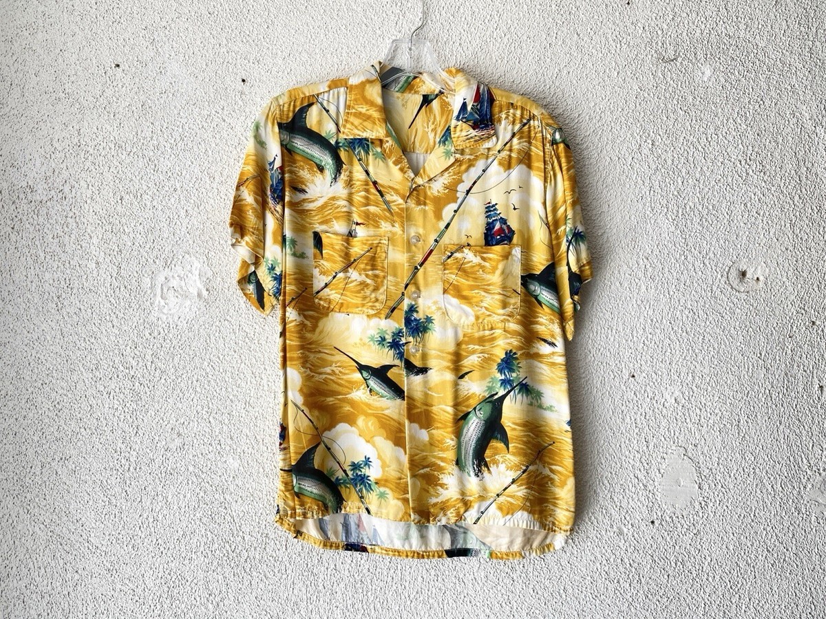 トップス 50s Reef rayon Hawaiian shirt Vtg Reef hawaiian shirt M cotton blend 50s bowling style