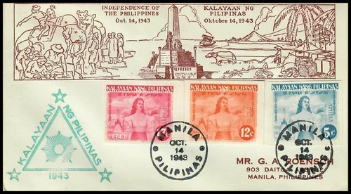 (NG-DS04) PHILIPPINES - JAPAN. 1943 KALAYAAN SET IMPERF STAMPS FDC. Sc#N29a-N31a
