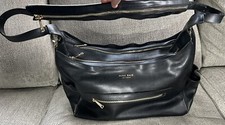 Large Mina Baie Black Leather Handbag Gold Hardware Side Pockets Bin8 Ds36