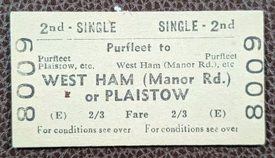1963 British Railways (E) Purfleet to West Ham or Plaistow 2nd Single Ticket
