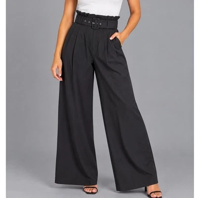 Pantalón Forever 21 Mujer Mediano Negro Cinturón Bolsa de Papel Cintura Pierna Ancha Pantalones Chic - Imagen 1 de 4