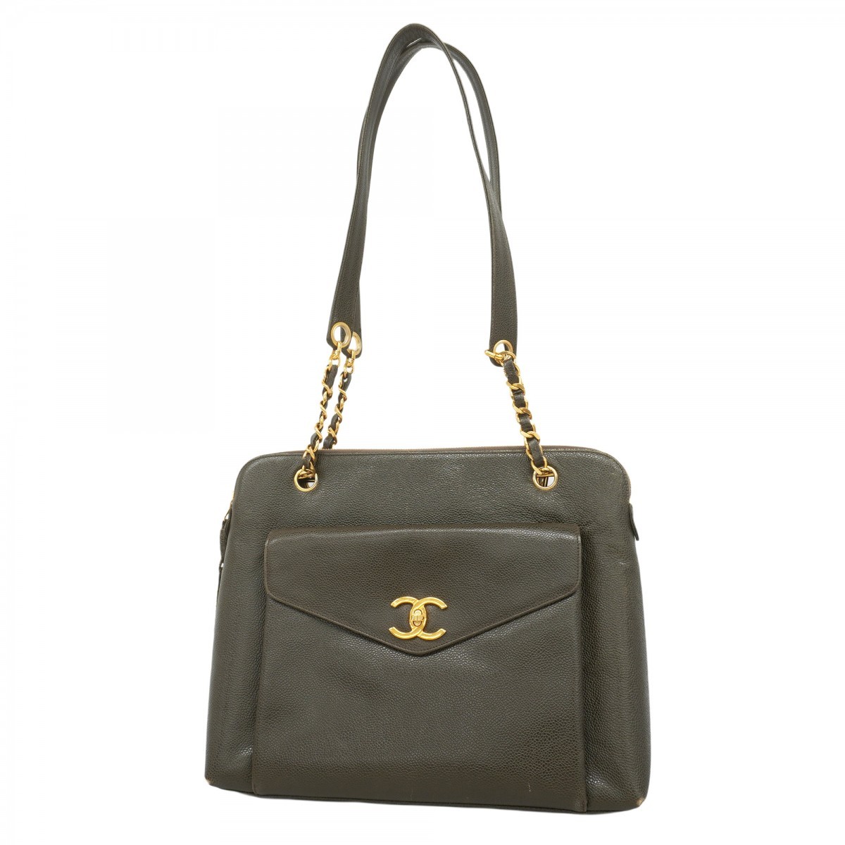 CHANEL Khaki Grained Calfskin Tote Bag with Gold Chain Shoulder Strap for Women