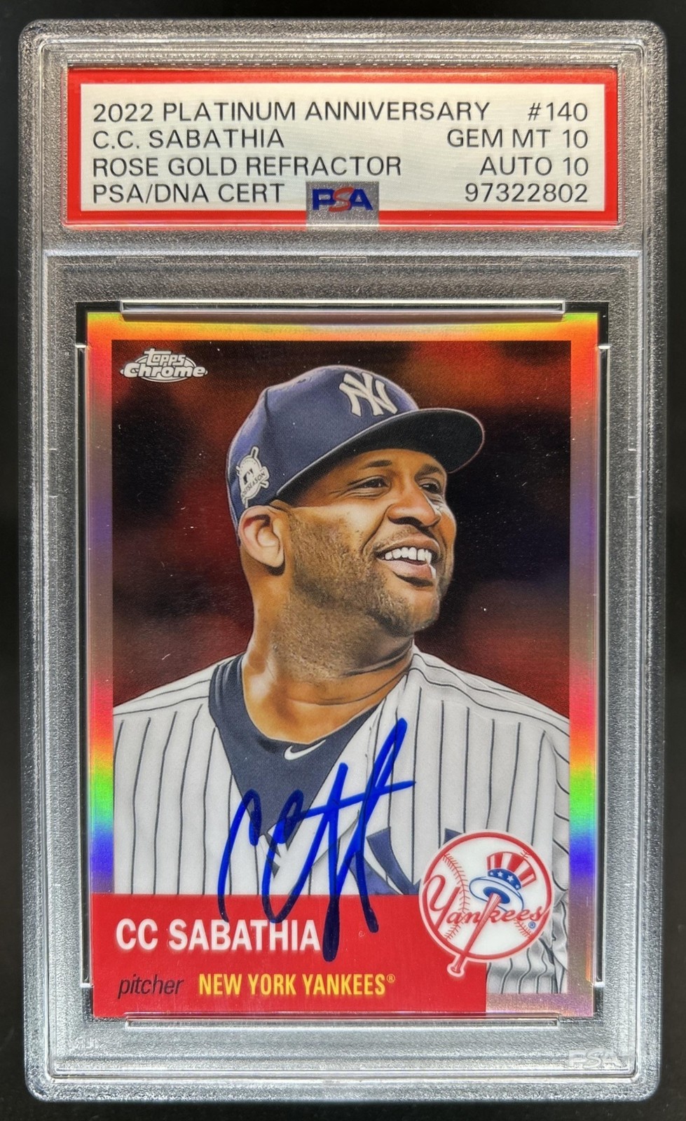 2022 Topps Chrome Platinum CC Sabathia Rose Gold Refractor #/75 PSA 10 Auto