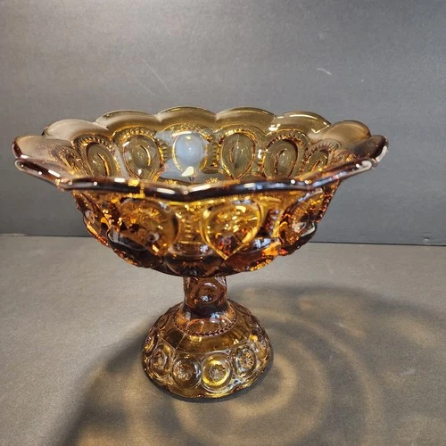 L.E. Smith Amber Carnival Glass Moon & Stars Fruit Bowl 7” Vintage