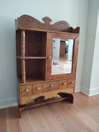 Vtg. Wooden Apothecary Medicine Wall Cabinet 5 Drawers Shelf Mirrored Hanging