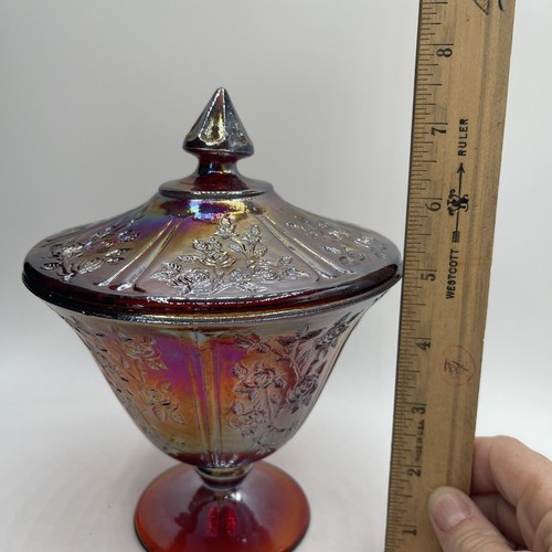Vintage Cabbage Rose Indian Glass Covered Candy Dish 1970'sFooted Trinket Dish - Picture 12 of 12