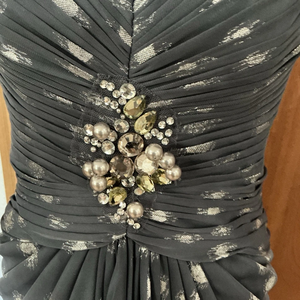 Vestido Adrianna Papell Punto Láminado Drapeado Malla Gris Talla 6 Vacaciones Fiesta Formal Foto 3 de 4