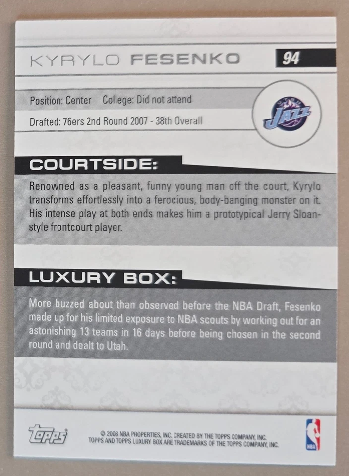 2007-08 Topps Luxury Box Kyrylo Fesenko #94 Rookie SP #d /669 Rookie RC Jazz - Image 2 of 2