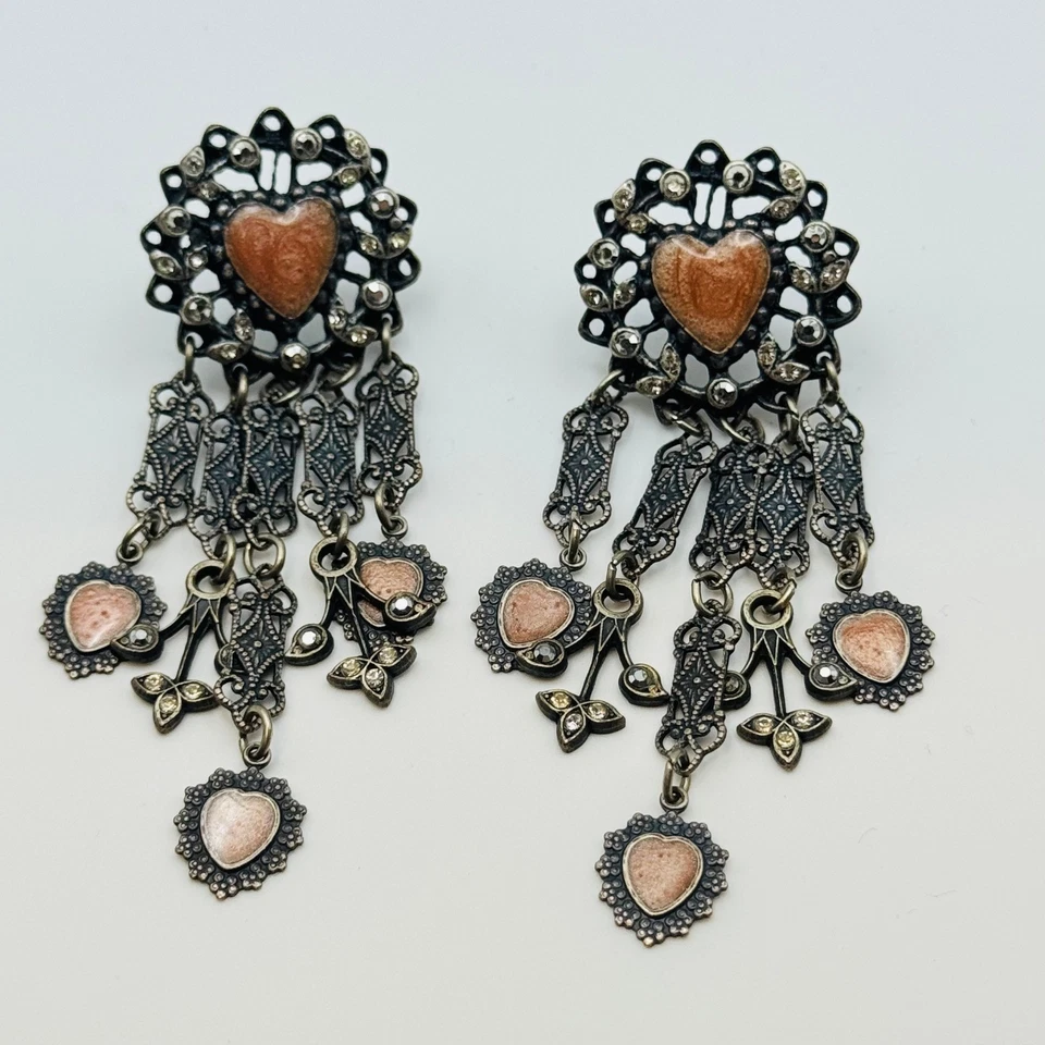 Banana Bob Heart Earrings VTG Pierced pink crystal Sweetheart Enamel Dangle 90s - Image 2 of 4