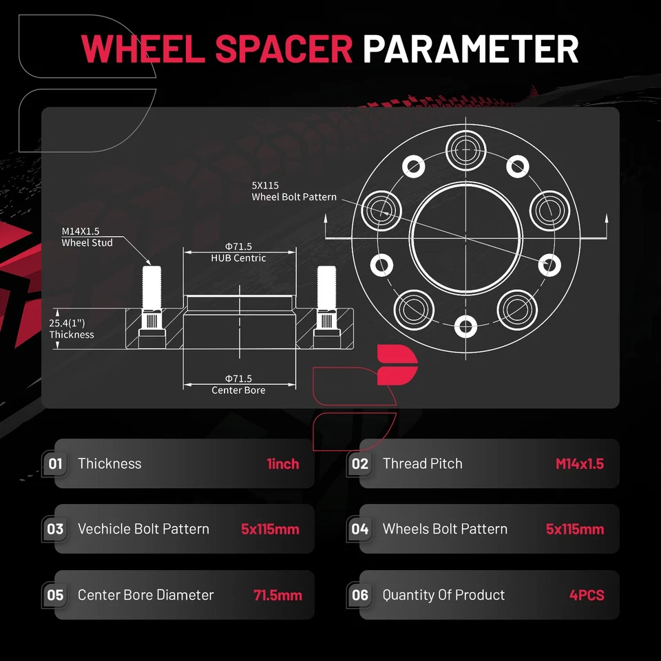4 Pcs 1 Inch 5x115 Hub Centric Wheel Spacers 14x1.5 For 2005-2023 Chrysler 300 Foto 2 de 4