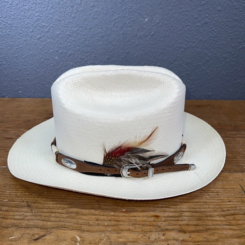 Sombrero de Paja Occidental John B STETSON De Colección xxxxx Stetson Banda de Cuero Pluma 6 7/8 Foto 4 de 4