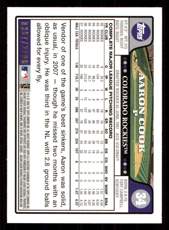 2008 Topps Gold Border #34 Aaron Cook /2008 - Image 2 of 2